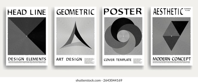 Modern posters . Vector design composition with various geometric shapes . Abstract contemporary art . Vector art ideal for media, ads, covers, brochures, banners. Black and white.

