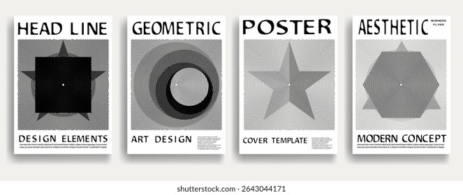 Modern posters . Vector design composition with various geometric shapes . Abstract contemporary art . Vector art ideal for media, ads, covers, brochures, banners. Black and white.
