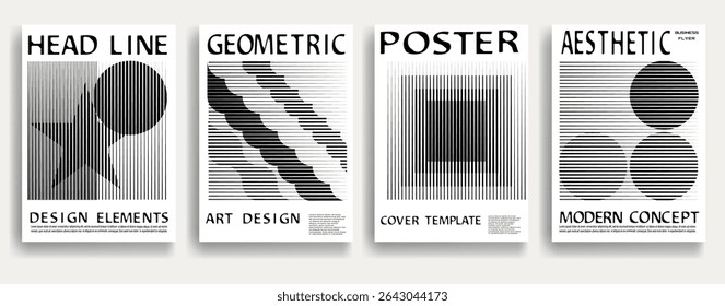 Modern posters . Vector design composition with various geometric shapes . Abstract contemporary art . Vector art ideal for media, ads, covers, brochures, banners. Black and white.

