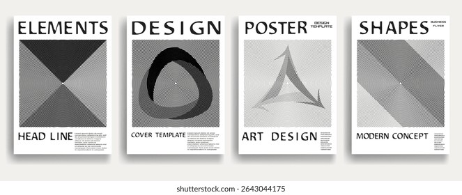 Modern posters . Vector design composition with various geometric shapes . Abstract contemporary art . Vector art ideal for media, ads, covers, brochures, banners. Black and white.
