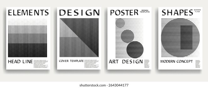Modern posters . Vector design composition with various geometric shapes . Abstract contemporary art . Vector art ideal for media, ads, covers, brochures, banners. Black and white.
