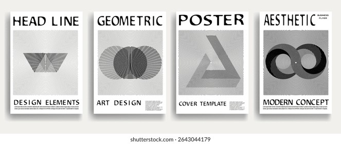 Modern posters . Vector design composition with various geometric shapes . Abstract contemporary art . Vector art ideal for media, ads, covers, brochures, banners. Black and white.
