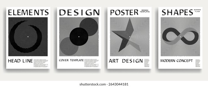 Modern posters . Vector design composition with various geometric shapes . Abstract contemporary art . Vector art ideal for media, ads, covers, brochures, banners. Black and white.
