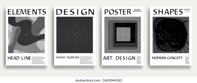 Modern posters . Vector design composition with various geometric shapes . Abstract contemporary art . Vector art ideal for media, ads, covers, brochures, banners. Black and white.
