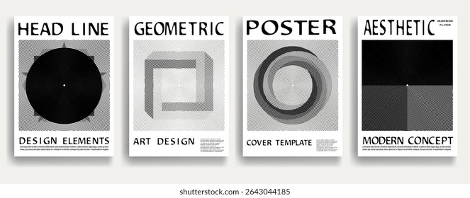 Modern posters . Vector design composition with various geometric shapes . Abstract contemporary art . Vector art ideal for media, ads, covers, brochures, banners. Black and white.
