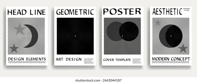 Modern posters . Vector design composition with various geometric shapes . Abstract contemporary art . Vector art ideal for media, ads, covers, brochures, banners. Black and white.
