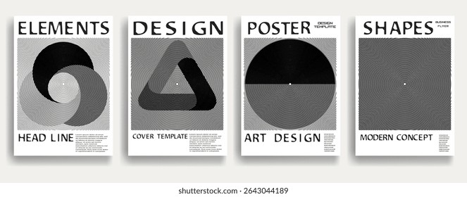 Modern posters . Vector design composition with various geometric shapes . Abstract contemporary art . Vector art ideal for media, ads, covers, brochures, banners. Black and white.
