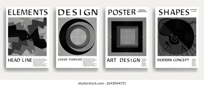 Modern posters . Vector design composition with various geometric shapes . Abstract contemporary art . Vector art ideal for media, ads, covers, brochures, banners. Black and white.
