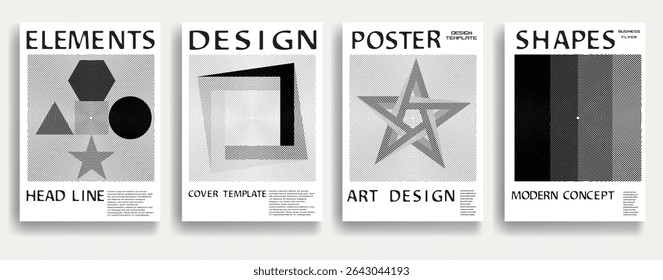 Modern posters . Vector design composition with various geometric shapes . Abstract contemporary art . Vector art ideal for media, ads, covers, brochures, banners. Black and white.
