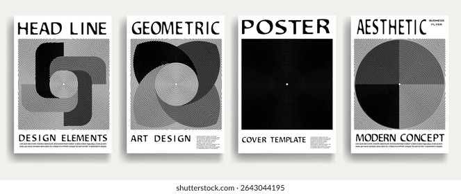 Modern posters . Vector design composition with various geometric shapes . Abstract contemporary art . Vector art ideal for media, ads, covers, brochures, banners. Black and white.
