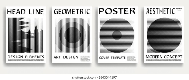 Modern posters . Vector design composition with various geometric shapes . Abstract contemporary art . Vector art ideal for media, ads, covers, brochures, banners. Black and white.
