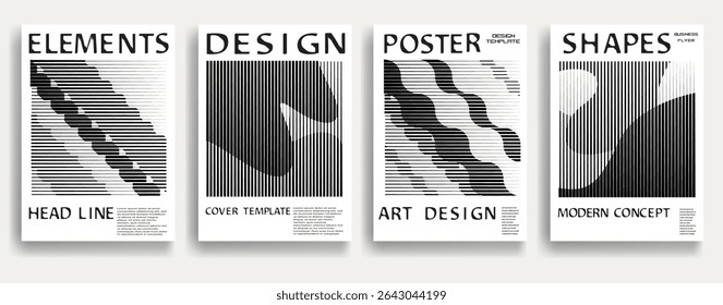 Modern posters . Vector design composition with various geometric shapes . Abstract contemporary art . Vector art ideal for media, ads, covers, brochures, banners. Black and white.
