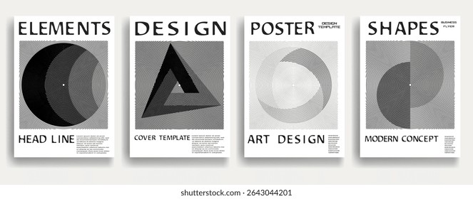 Modern posters . Vector design composition with various geometric shapes . Abstract contemporary art . Vector art ideal for media, ads, covers, brochures, banners. Black and white.
