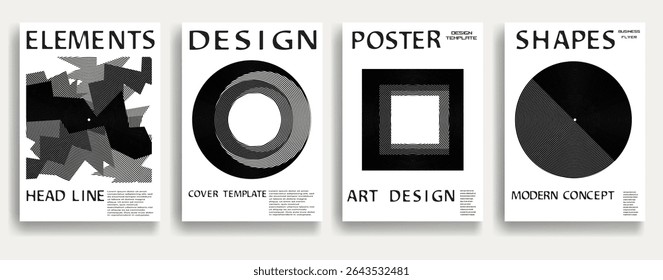 Modern posters . Vector design composition with various geometric shapes . Abstract contemporary art . Vector art ideal for media, ads, covers, brochures, banners. Black and white.
