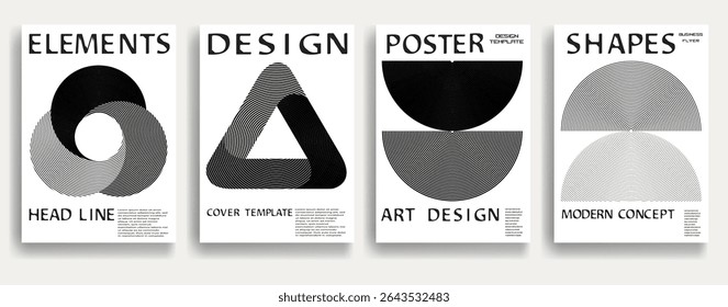 Modern posters . Vector design composition with various geometric shapes . Abstract contemporary art . Vector art ideal for media, ads, covers, brochures, banners. Black and white.
