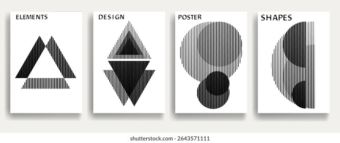 Modern posters . Vector design composition with various geometric shapes . Abstract contemporary art . Vector art ideal for media, ads, covers, brochures, banners. Black and white.
