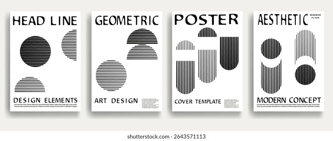 Modern posters . Vector design composition with various geometric shapes . Abstract contemporary art . Vector art ideal for media, ads, covers, brochures, banners. Black and white.
