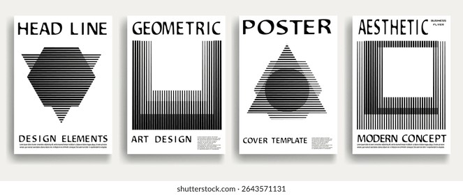 Modern posters . Vector design composition with various geometric shapes . Abstract contemporary art . Vector art ideal for media, ads, covers, brochures, banners. Black and white.
