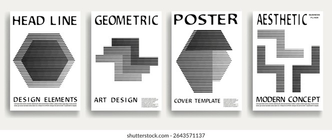 Modern posters . Vector design composition with various geometric shapes . Abstract contemporary art . Vector art ideal for media, ads, covers, brochures, banners. Black and white.
