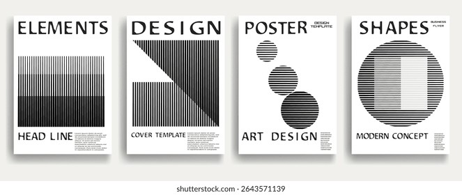 Modern posters . Vector design composition with various geometric shapes . Abstract contemporary art . Vector art ideal for media, ads, covers, brochures, banners. Black and white.
