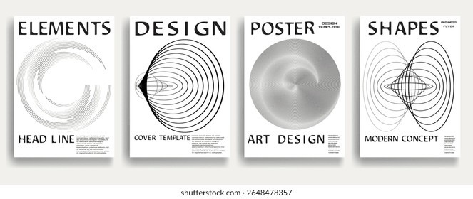 Cartazes modernos . Composição de design vetorial com várias formas geométricas . Arte contemporânea abstrata . Arte vetorial ideal para mídia, anúncios, capas, brochuras, banners. Preto e branco.
