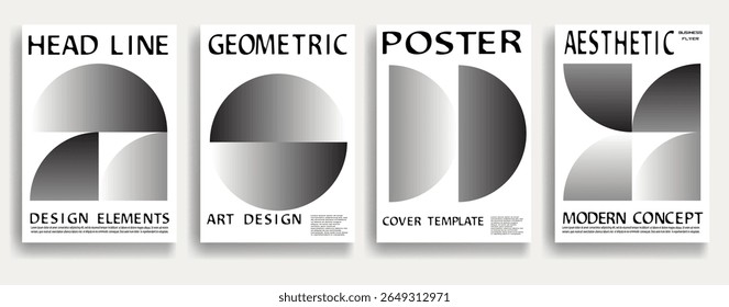 Modern posters . Vector design composition with various geometric shapes . Abstract contemporary art . Vector art ideal for media, ads, covers, brochures, banners. Gradient black and white.
