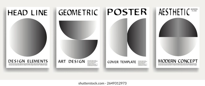 Modern posters . Vector design composition with various geometric shapes . Abstract contemporary art . Vector art ideal for media, ads, covers, brochures, banners. Gradient black and white.
