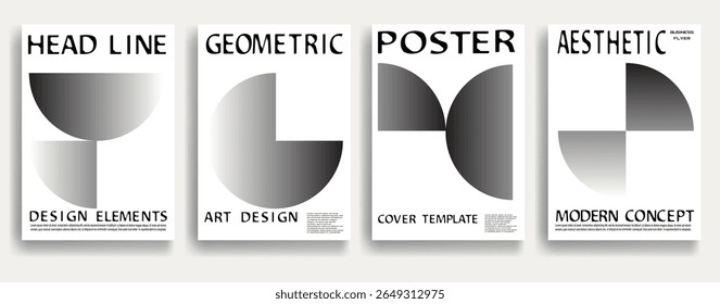Modern posters . Vector design composition with various geometric shapes . Abstract contemporary art . Vector art ideal for media, ads, covers, brochures, banners. Gradient black and white.
