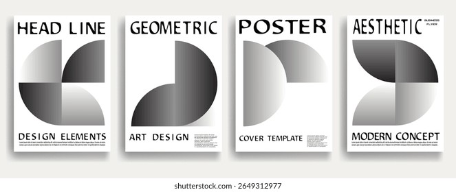 Modern posters . Vector design composition with various geometric shapes . Abstract contemporary art . Vector art ideal for media, ads, covers, brochures, banners. Gradient black and white.
