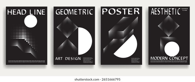 Modern posters . Vector design composition with various geometric shapes . Abstract contemporary art . Vector art ideal for media, ads, covers, brochures, banners. Black and white.

