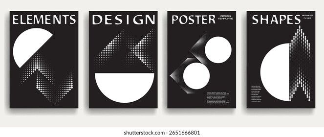 Modern posters . Vector design composition with various geometric shapes . Abstract contemporary art . Vector art ideal for media, ads, covers, brochures, banners. Black and white.
