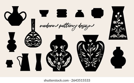 Modern pottery design. Black and white, silhouette ceramic illustration. Isolated vector art work. 