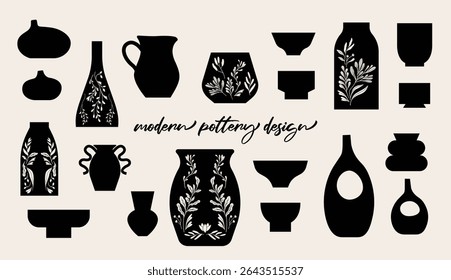 Modern pottery design. Black and white, silhouette ceramic illustration. Isolated vector art work. 