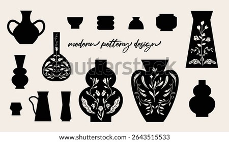 Modern pottery design. Black and white, silhouette ceramic illustration. Isolated vector art work. 