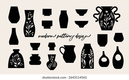 Modern pottery design, silhouette graphic, isolated vector illustration, ceramic, plant pots, flower pot