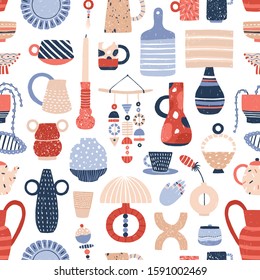 Modern pottery flat vector seamless pattern. Beautiful contemporary handcrafted ceramics texture. Stylish decorative stoneware, decorative accessories illustrations. Creative wallpaper design.