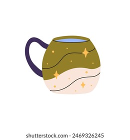 Modern pottery mug with stars, sparkles pattern. Cute ceramic cup with round shape for drinks, water, coffee, tea. Design of stylish teacup. Flat isolated vector illustration on white background