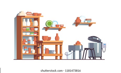 Modern pottery workshop with ceramic pots, bowls, dishes and vases. Electric kiln, pottery wheel, shelves with clay products. Potter workplace. Pottery with equipment. Flat vector illustration