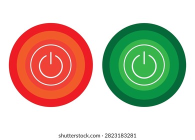 Modern power button icon collection showing red and green on off switch symbols in light backgrounds. minimal vector design suitable for user interfaces, mobile applications, websites, branding, and digital products.