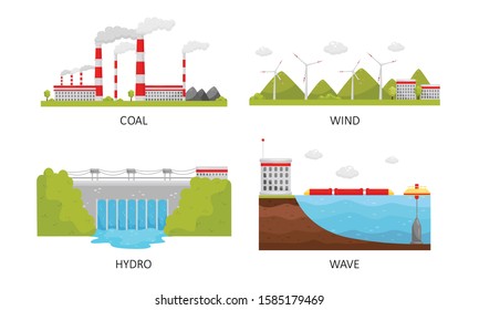 Modern Power Plants Collection, Coal, Wind, Hydro, Wave Industrial Factory Buildings Vector Illustration