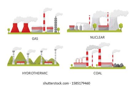 Modern Power Plants Collection, Gas, Nuclear, Hydrothermal, Coal Industrial Factory Buildings Vector Illustration