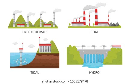 Modern Power Plants Collection, Hydrothermal, Coal, Tidal, Hydro Industrial Factory Buildings Vector Illustration