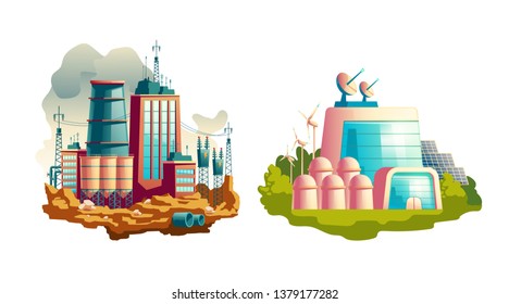 Modern power station polluting the environment with smoke from chimneys, clean, alternative, futuristic electricity generating plant building cartoon vector illustration isolated on white background