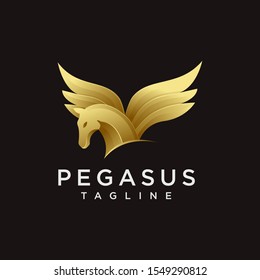Modern powerful elegance gold pegasus logo icon vector illustration on black background