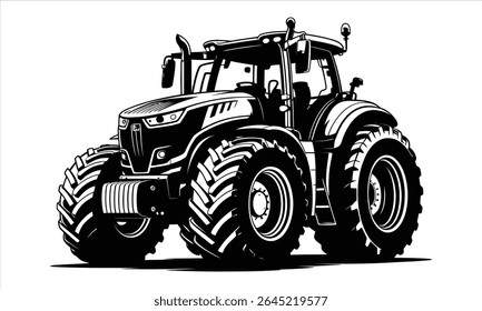 Modern powerful farm tractor black and white illustration