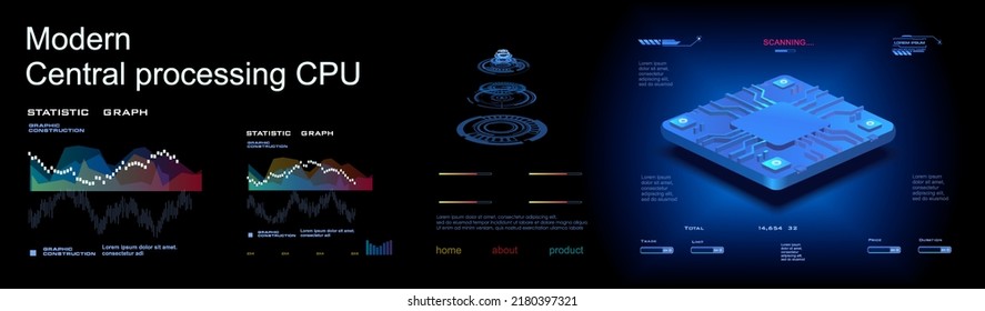 Modern powerful processor of the new generation. Realistic 3D model of the processor for processing large amounts of information. Conceptual cyber banner with HUD elements