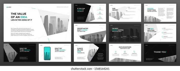 Modern powerpoint presentation templates pack for business and construction with cityscape vector illustration on background. Brochure cover  design, annual report, social media banner, leaflet.