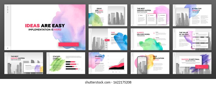 Modern powerpoint presentation templates set for business with colourful watercolour blots and cityscape illustration on background. Artistic keynote template, landing page, horizontal brochure cover