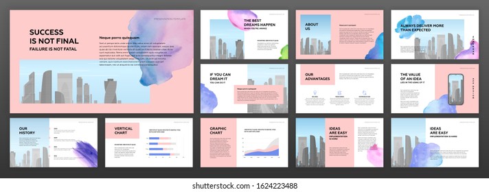 Modern powerpoint presentation templates set for business with colourful watercolour blots and cityscape illustration on background. Artistic keynote template, landing page, horizontal brochure cover