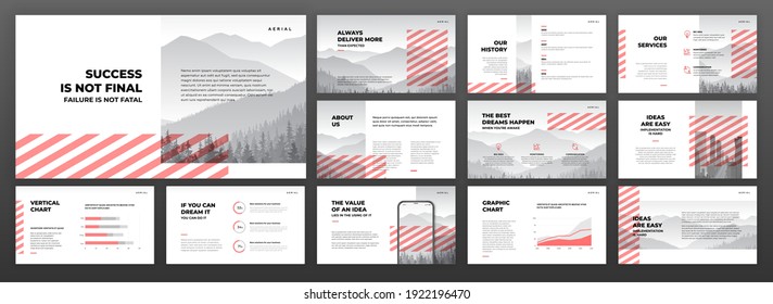 Modern powerpoint presentation templates set. Creative keynote presentation background, brochure cover design, brand guidelines, pitch deck, annual report, company profile, social media banner.